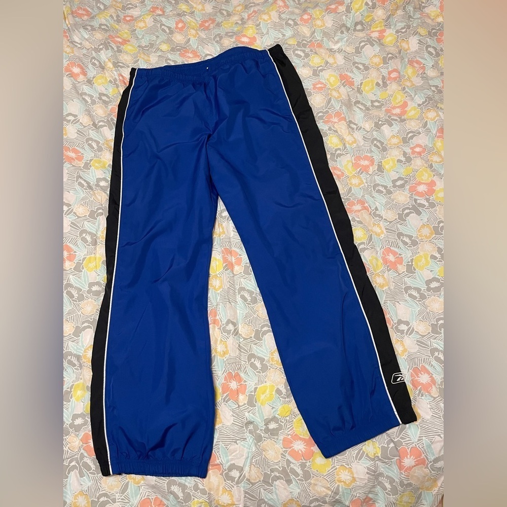 Reebok Blue Track Pans with Black and White Stripes